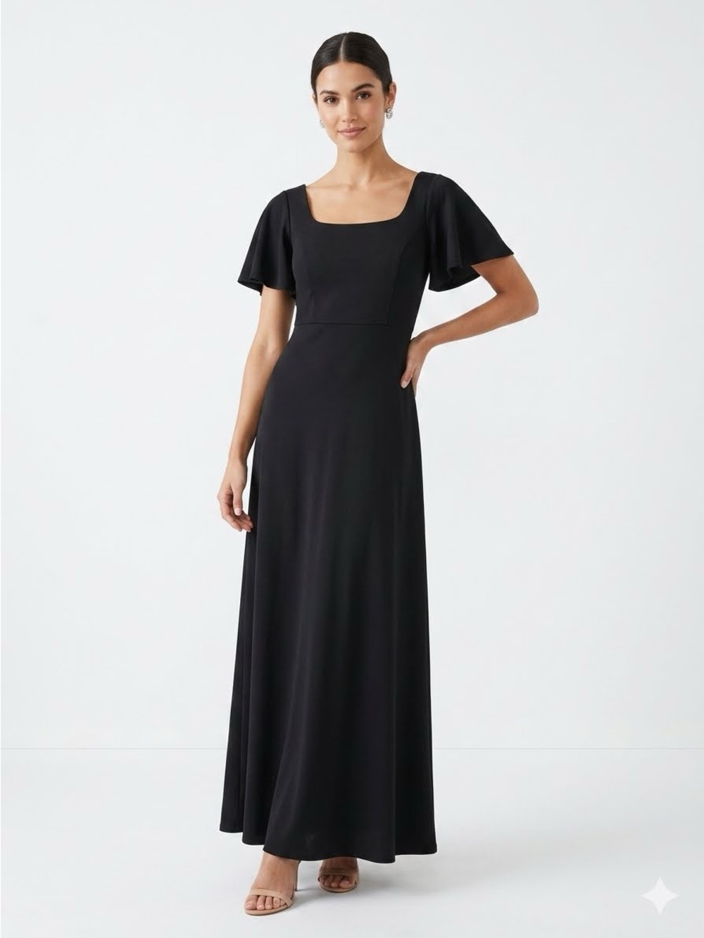 Formal Fashions Square-Neck Black Flutter Sleeve Maxi Dress Size 6